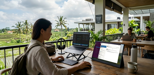 digital nomad workspace with laptop and INGNOK portable monitor