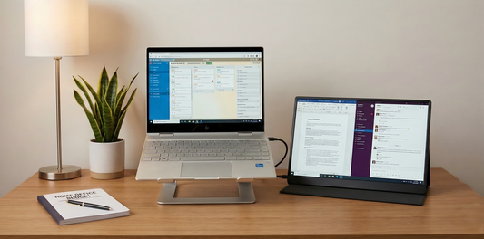 coffee shop coding setup with laptop and portable monitor