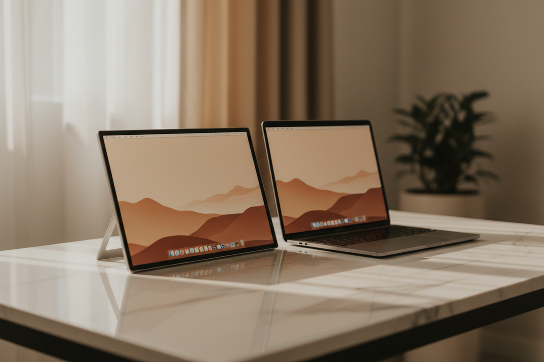 INGNOK portable monitor connected to a MacBook Pro and MacBook Air setup