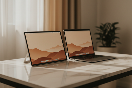INGNOK portable monitor connected to a MacBook Pro and MacBook Air setup